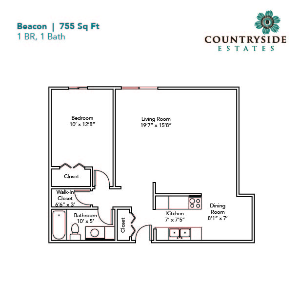 Floor plan for 1 bed, 1 bath, 755 sqft